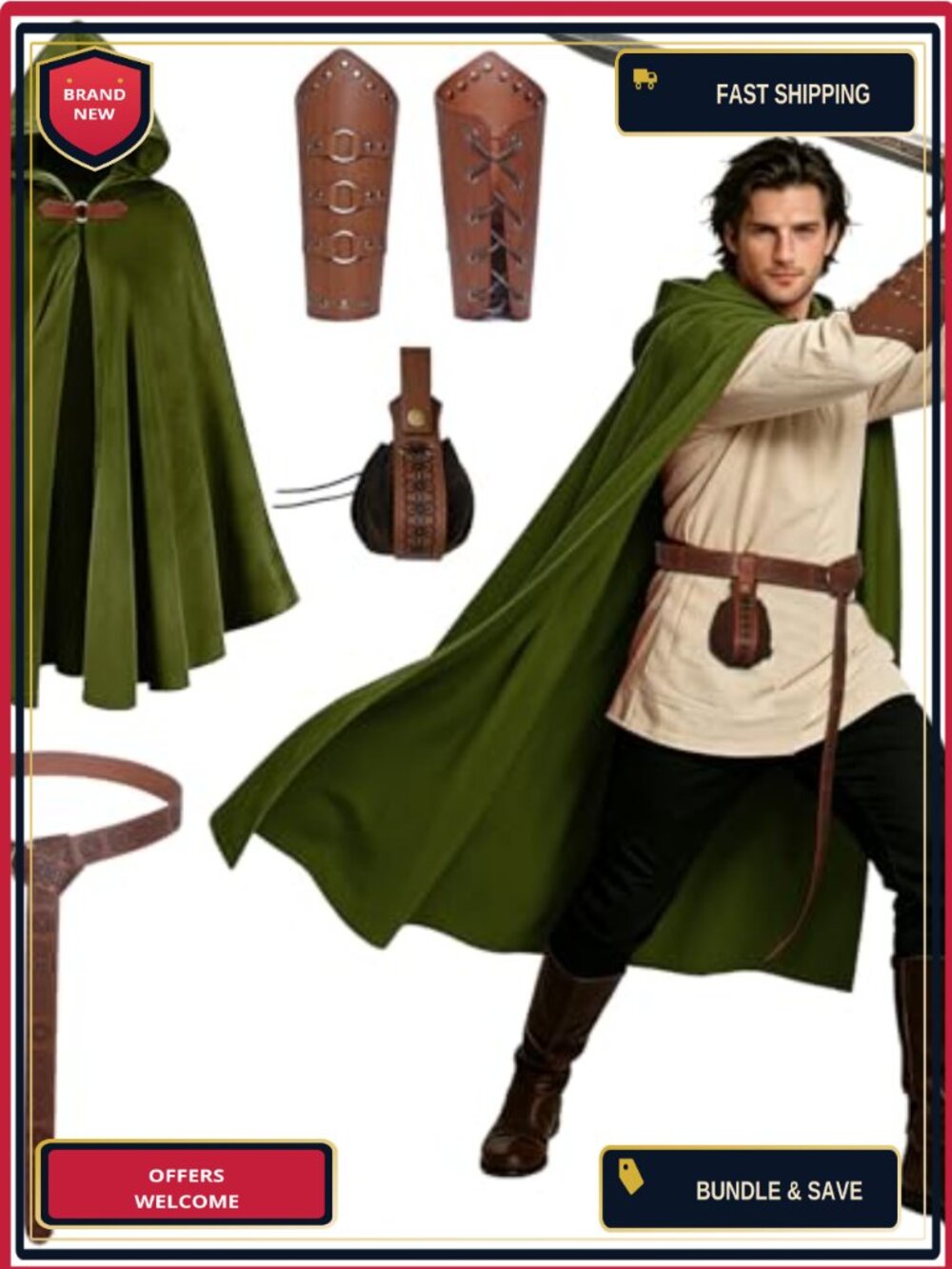 Unisex Renaissance Hooded Cloak Medieval Costume Set Belt Pouch Bracers